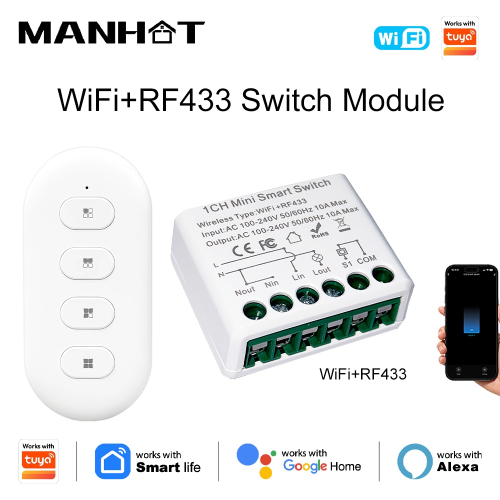 Diy Automation - สวิตช์ไฟอัจฉริยะ Tuya WIFI 10A พร้อมรีโมทคอนโทรล RF433