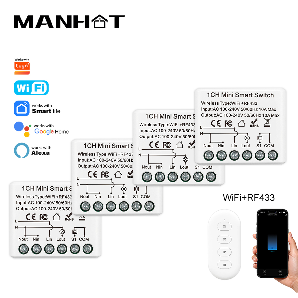 Home Automation Technology - 10A มินิ WIFI สมาร์ทสวิตช์ RF433Mhz รีโมทคอนโทรลไร้สายรีเลย์ไฟเบรกเกอร์ควบคุมด้วยเสียงระบบอัตโนมัติในบ้านทำงานทูย่า